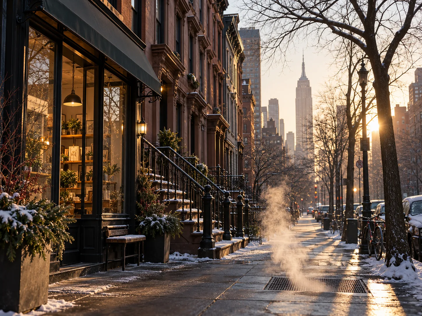 A brownstone shopfront on a snowy New York morning, steam rising from a street grate, the Empire State Building down the avenue
